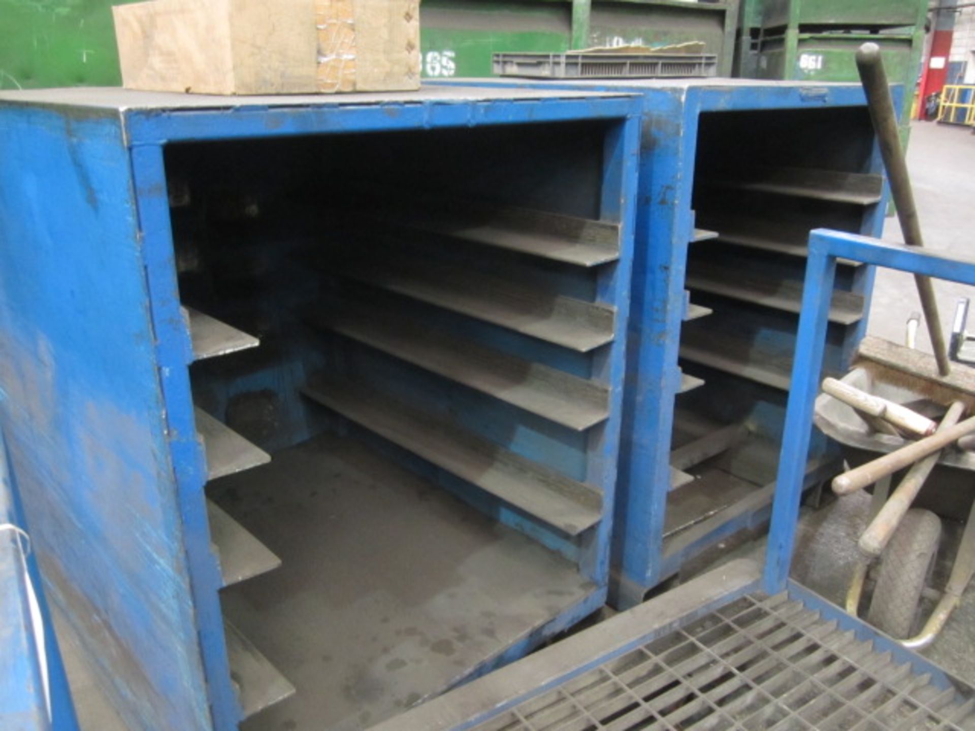 Two metal 4-compartment storage racks, 1100 x 960 x H 1250mm