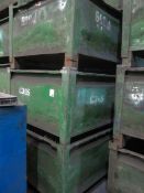 Four metal forkliftable stacking storage bins, approx. size 48"x48"x34", excluding contents