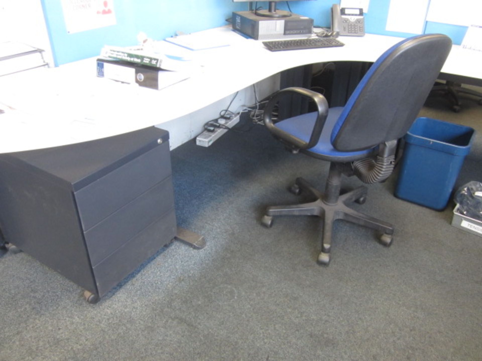 Grey melamine corner work tables, one table, one semi circle end section, under desk pedestal, - Image 3 of 3