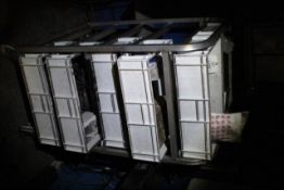Mobile 5 shelf transport trolley, 6 plastic fish crates and assorted electrical component spares