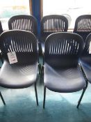 Four metal frame plastic moulded stacking canteen chairs