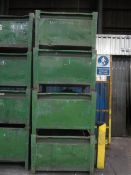 Four metal forkliftable stacking storage bins, approx. size 48"x48"x34", excluding contents