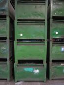 Four metal forkliftable stacking storage bins, approx. size 48"x48"x34", excluding contents