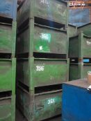 Four metal forkliftable stacking storage bins, approx. size 48"x48"x34", excluding contents