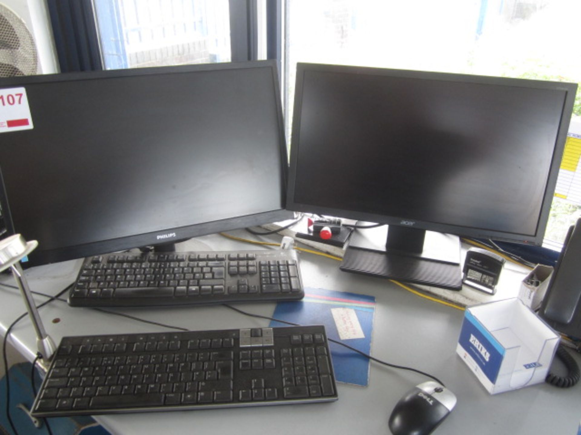 Two Dell Optiplex 790 computer system, two flat screen monitors, two keyboards, two mouse, Cisco