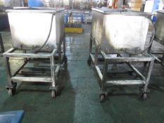 Two swarf bins mounted on mobile stand, with outlet pipe, 1000 x 750mm