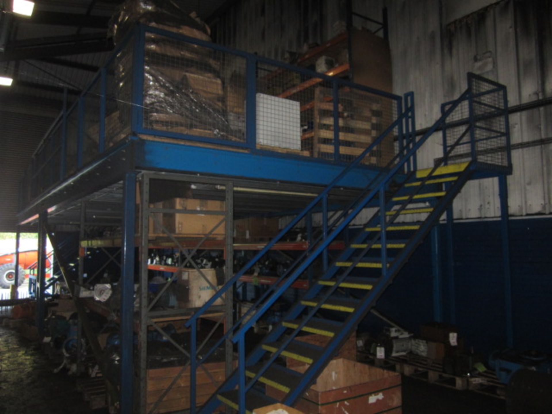 Freestanding mezzanine floor with forklift loading access point, safety fencing, two pedestrian - Image 3 of 8