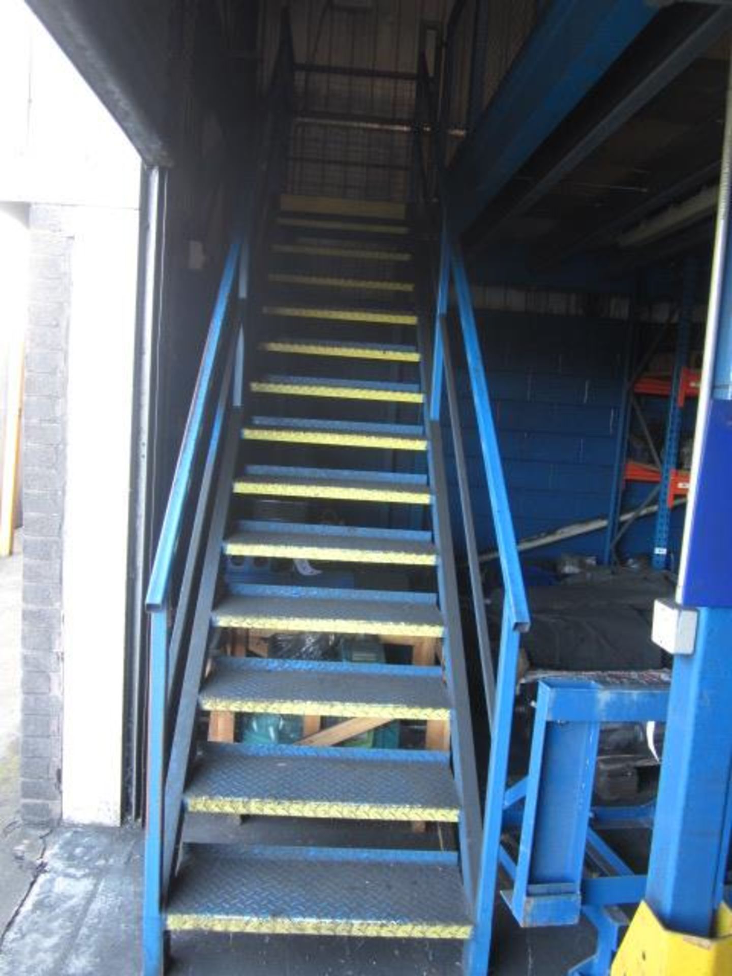 Freestanding mezzanine floor with forklift loading access point, safety fencing, two pedestrian - Image 6 of 8