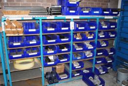 Steel 4 bay rack & contents to include brushes, bolts, flat head sockets, chisels, brushes, pins,