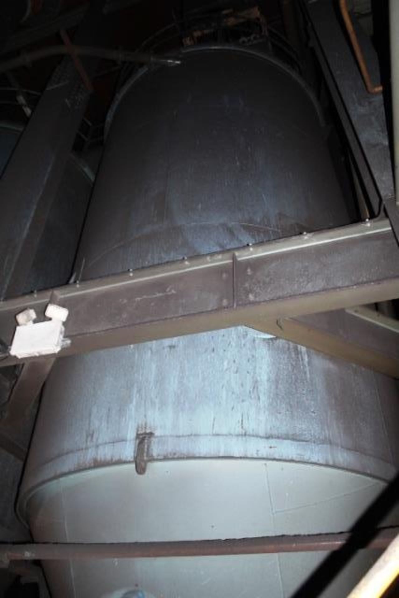 Two steel frame cylindrical holding silos, approx 2.5m dia x 5m high, mounted on steel support - Image 3 of 5