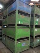 Four metal forkliftable stacking storage bins, approx. size 48"x48"x34", excluding contents