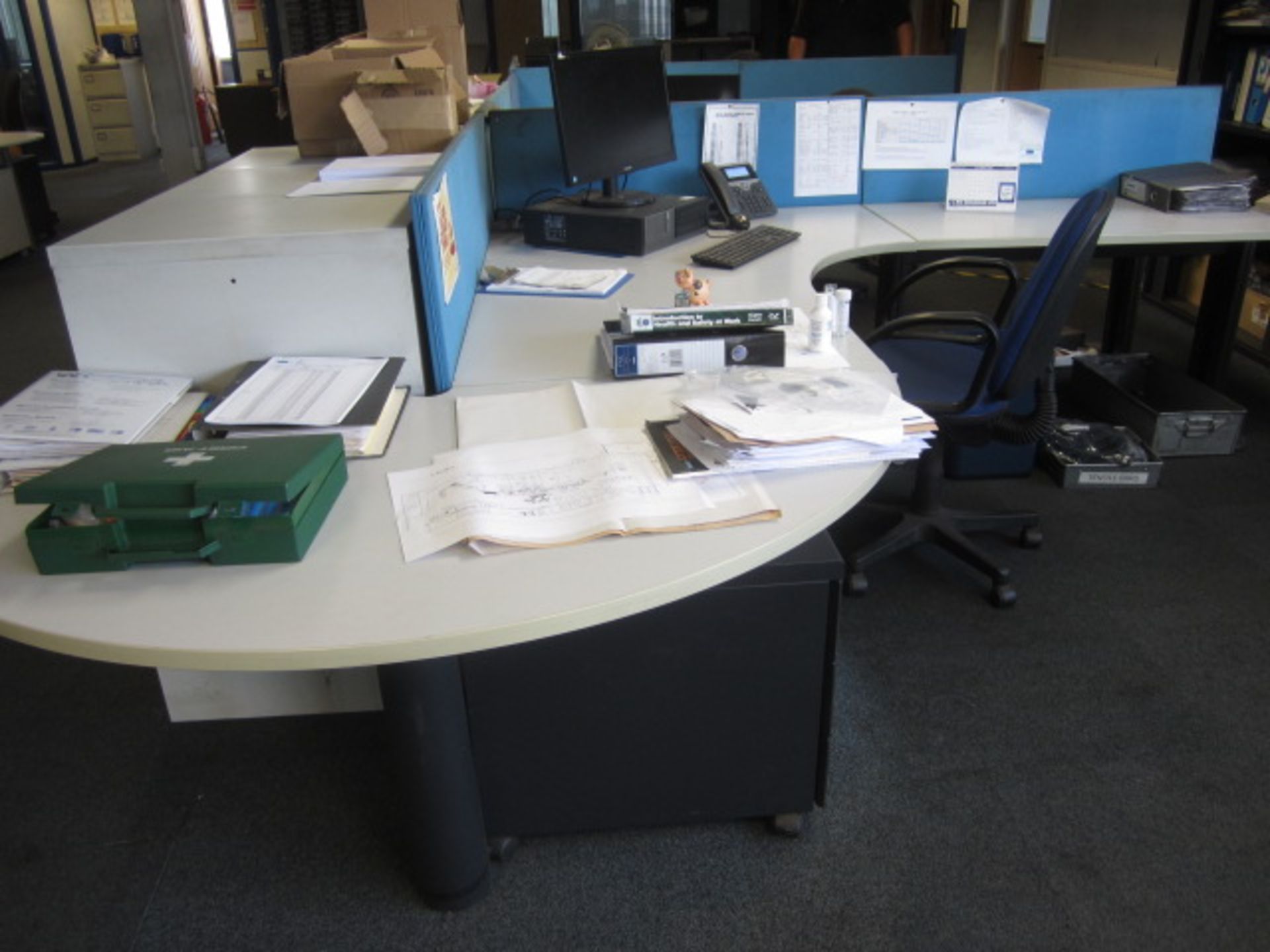 Grey melamine corner work tables, one table, one semi circle end section, under desk pedestal, - Image 2 of 3