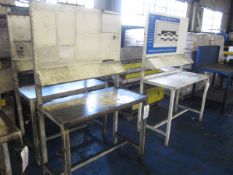 Three metal workbenches with upper shelf, 1280 x 580mm x H 1.9m, two 1100 x 550 x H 1830mm, two