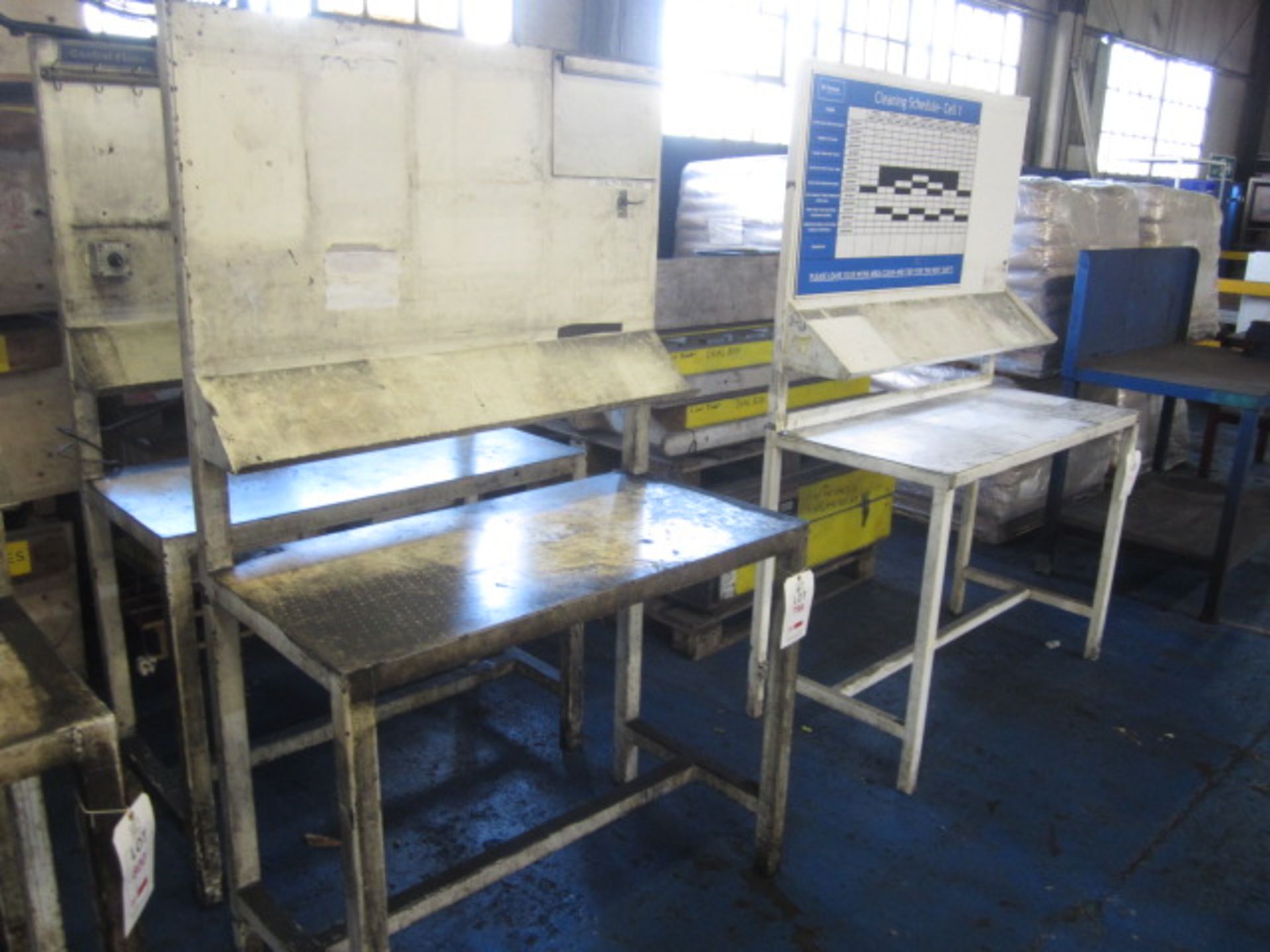 Three metal workbenches with upper shelf, 1280 x 580mm x H 1.9m, two 1100 x 550 x H 1830mm, two