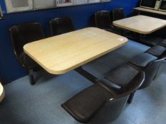 Two wood effect canteen tables with four fixed seats