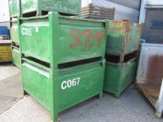 Four metal forkliftable stacking storage bins, approx. size 48"x48"x34", excluding contents