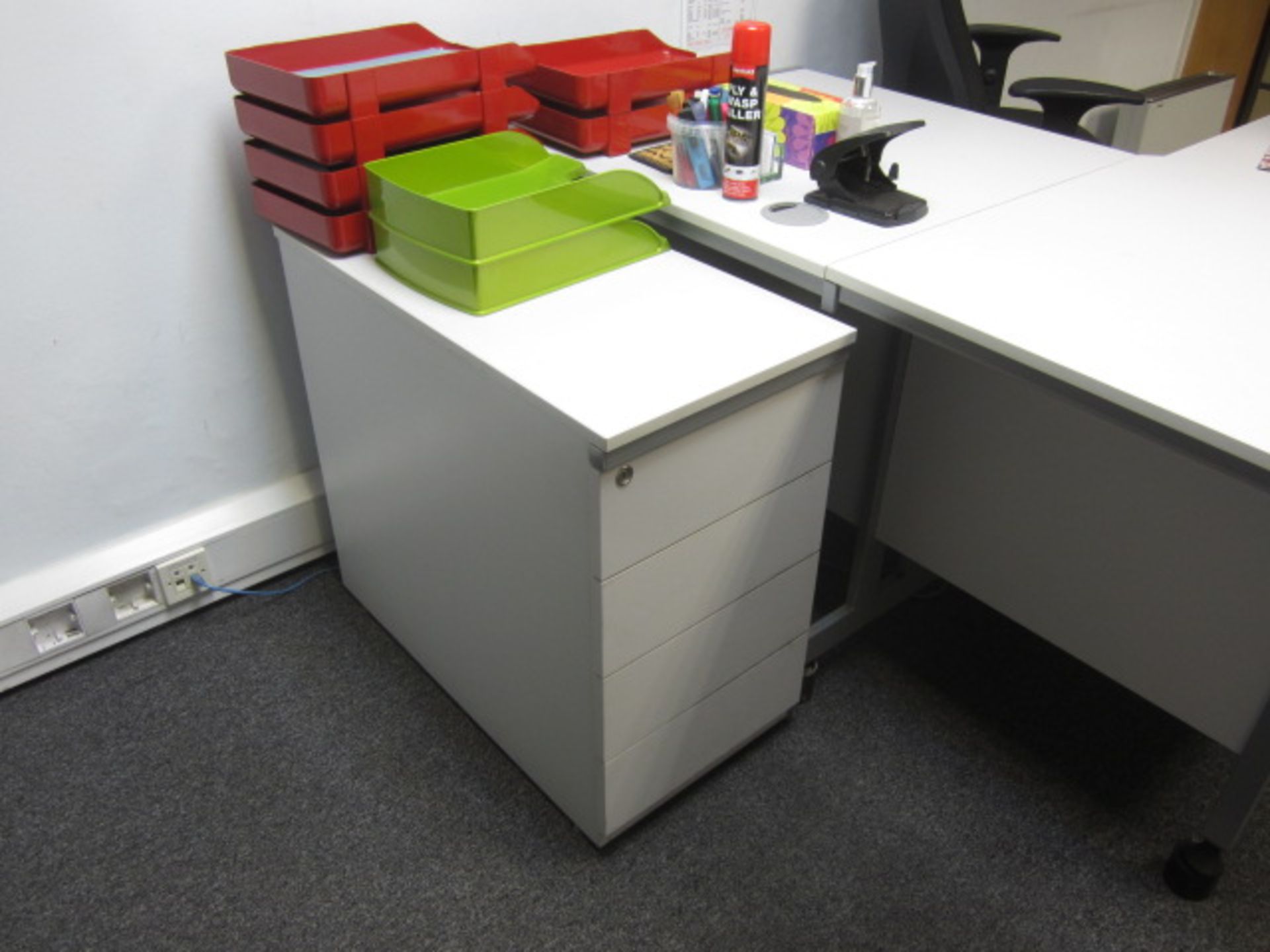 Grey melamine L shape, 3 section workstation, with built in pedestal, upholstered swivel chair - Image 2 of 3