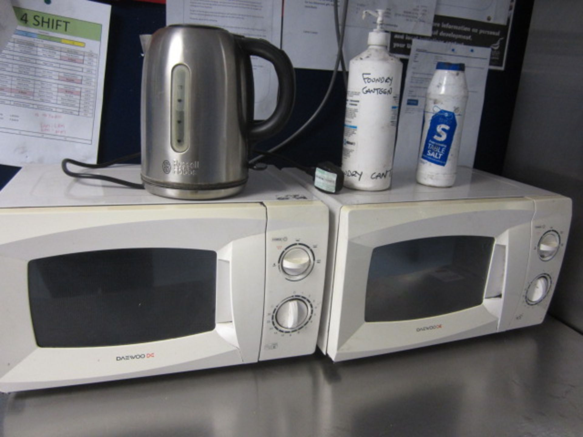 Ice King undercounter fridge, two Daewoo microwaves, kettle