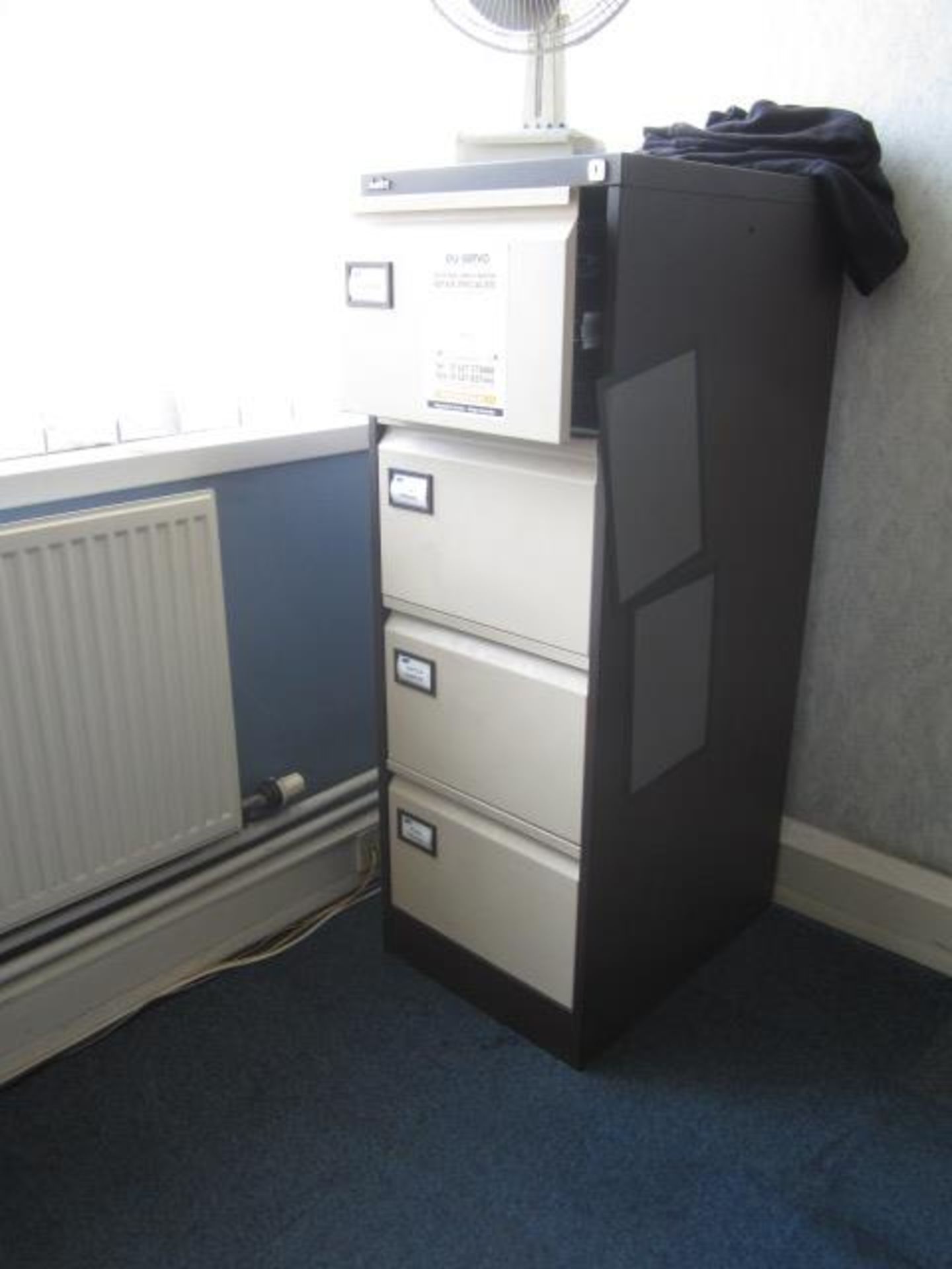 Metal 4 drawer grey melamine table, three upholstered chairs - Image 2 of 2