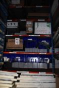 Single bay of stock to include assorted filters, disposable overalls, Siemens tacho plugs, swarf