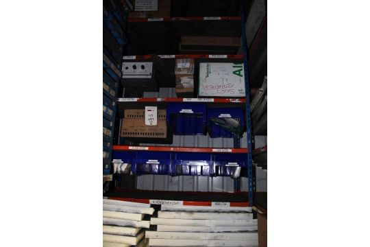 Single bay of stock to include assorted filters, disposable overalls, Siemens tacho plugs, swarf