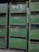 Four metal forkliftable stacking storage bins, approx. size 48"x48"x34", excluding contents