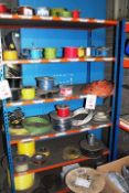Six shelves of assorted electrical wire reels & cables