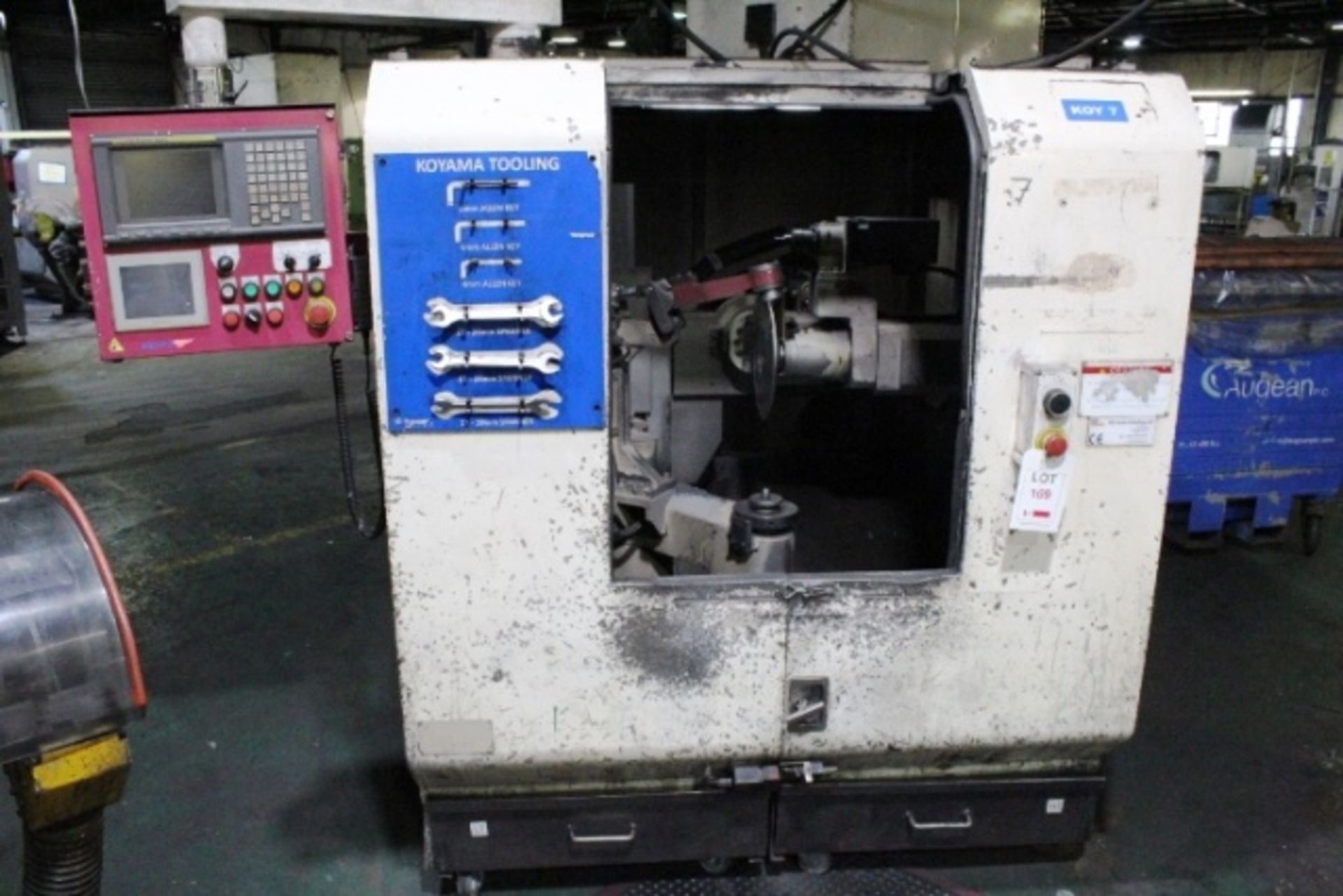 Koyama Barinder 400 automatic twin head grinding machine with rotary arm, model X6-FDS22R-443GRS,