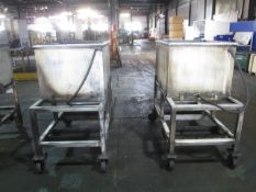 Two swarf bins mounted on mobile stand, with outlet pipe, 1000 x 750mm