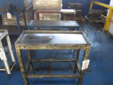 Two assorted metal workbenches, 1220 x 460mm, 900 x 400mm, one tool holder bench 1280 x 430mm
