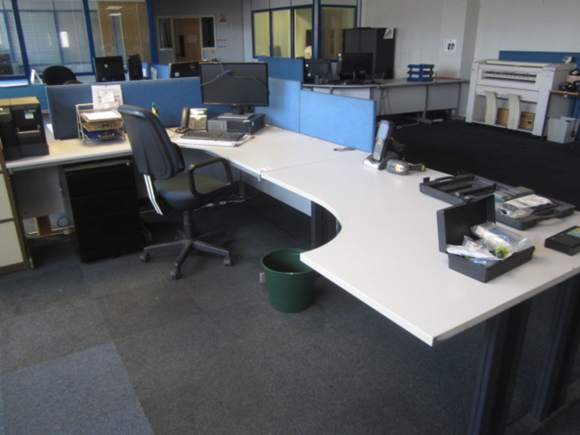 Two grey melamine corner workstation, one table, under desk pedestal, upholstered chair