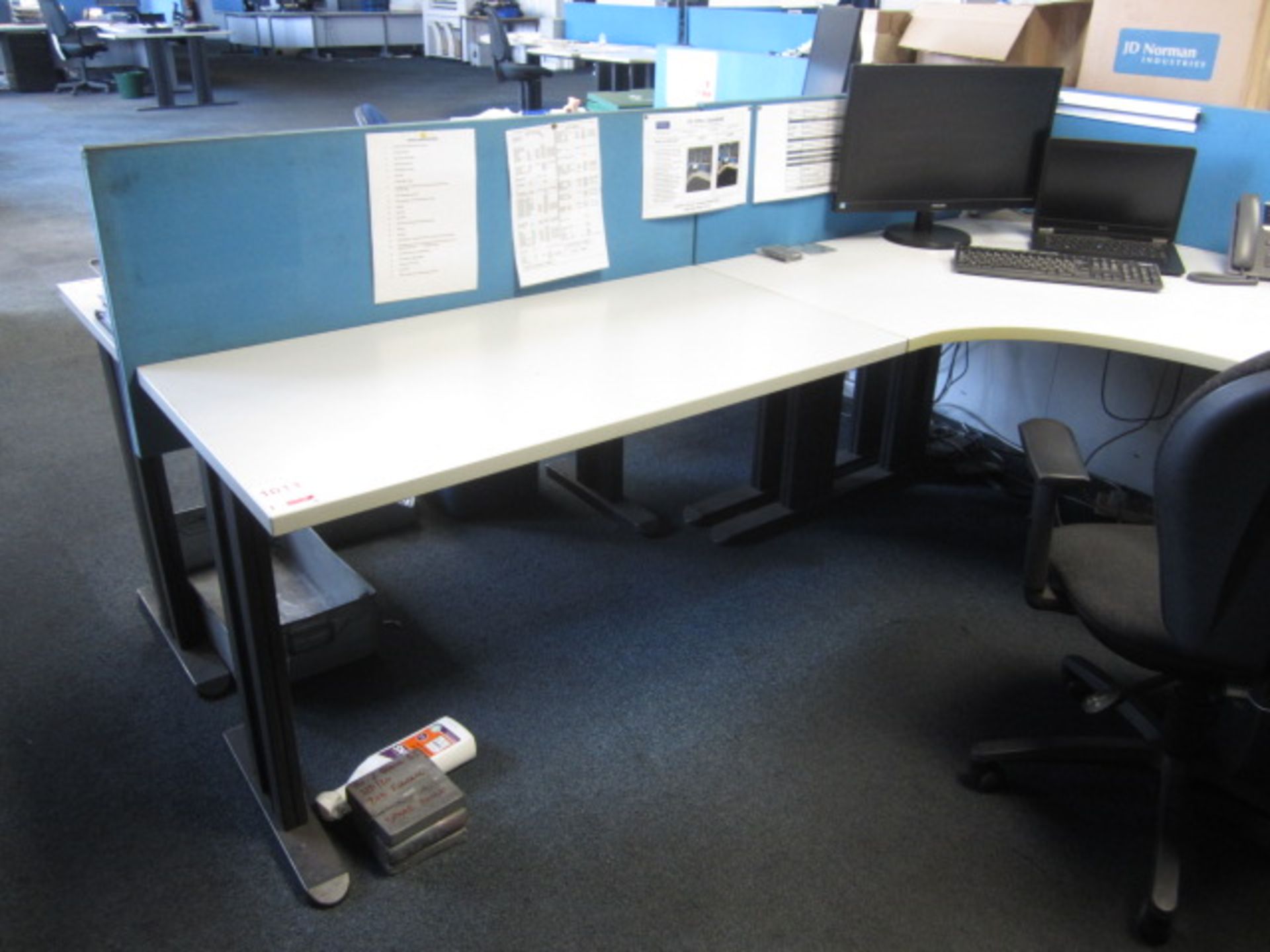 Grey melamine corner workstation, two tables, under desk pedestal, upholstered chair - Image 3 of 3