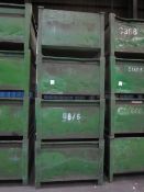 Four metal forkliftable stacking storage bins, approx. size 48"x48"x34", excluding contents