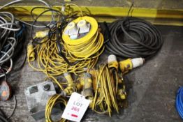 Quantity of assorted 110v extension wires & splitter box