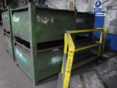 Four metal forkliftable stacking storage bins, approx. size 48"x48"x34", excluding contents