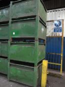 Four metal forkliftable stacking storage bins, approx. size 48"x48"x34", excluding contents