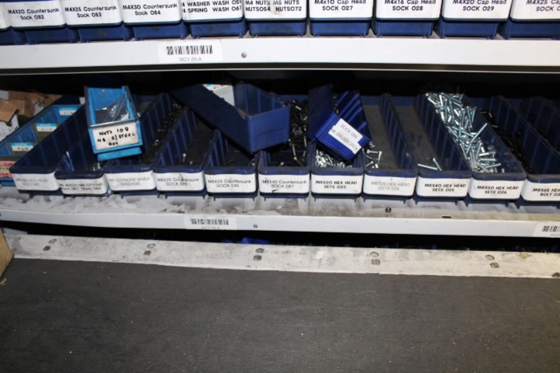 Shelf of stock to include head bolts, countersunk sockets, head bolts, cap heads, grub screws,