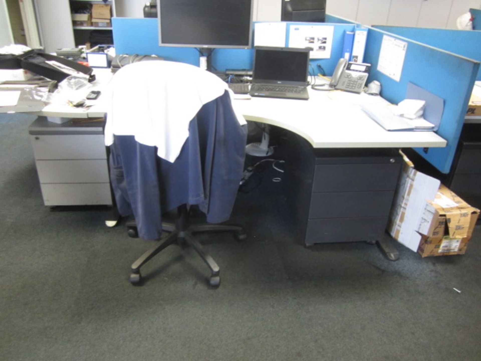 Two grey melamine corner workstations, one semi circle end section, one table with under desk - Image 2 of 3