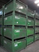 Four metal forkliftable stacking storage bins, approx. size 48"x48"x34", excluding contents