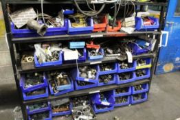 Large quantity of assorted pipe fittings, component stock & blue picking bins over 4 shelves