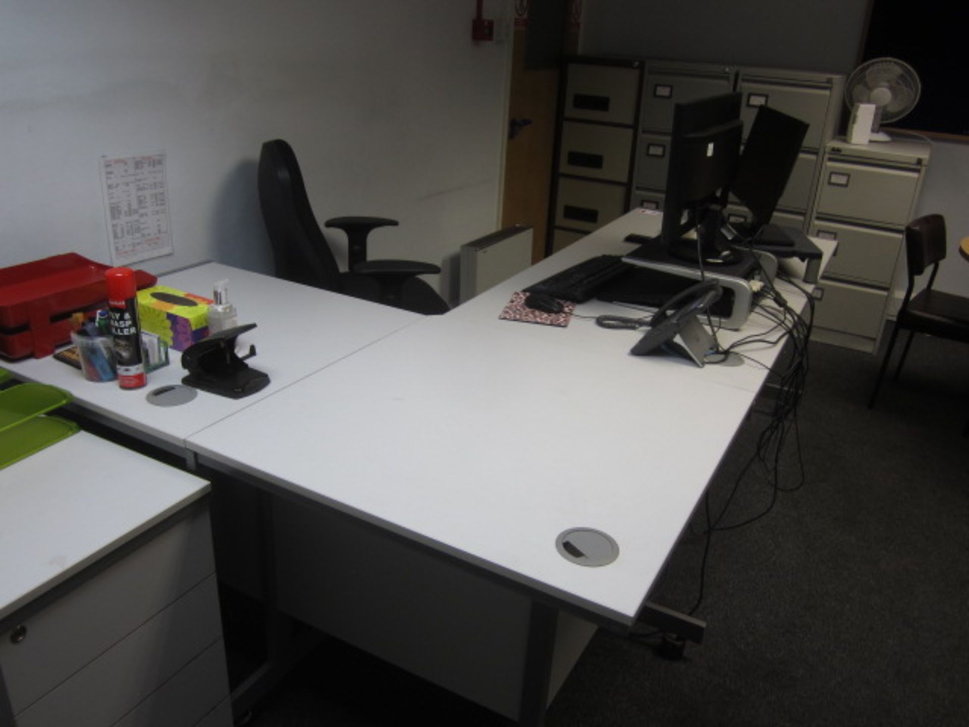 Grey melamine L shape, 3 section workstation, with built in pedestal, upholstered swivel chair - Image 3 of 3