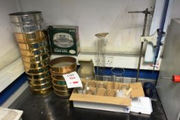 Various test equipment and consumables incl. Endacotts sieves, pyrex breakers, pyrex funnel, etc.