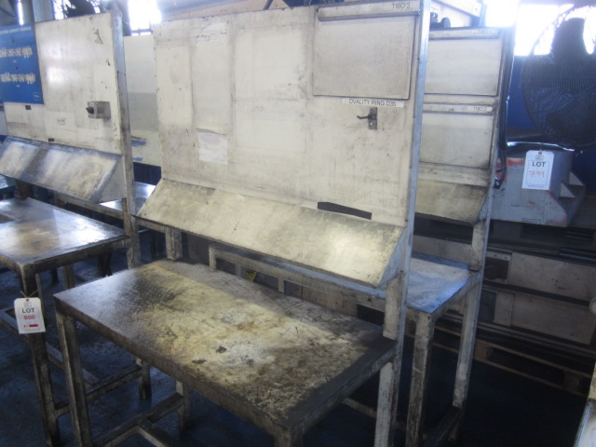 Three metal workbenches with upper shelf, 1280 x 580mm x H 1.9m, two 1100 x 550 x H 1830mm, two - Image 5 of 5