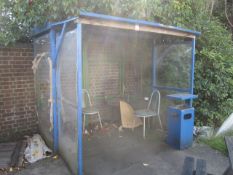 Metal frame smoking shelter, with timber roof, perspex to sides, approx. size 2.3 x 2.3 x H 2.1m