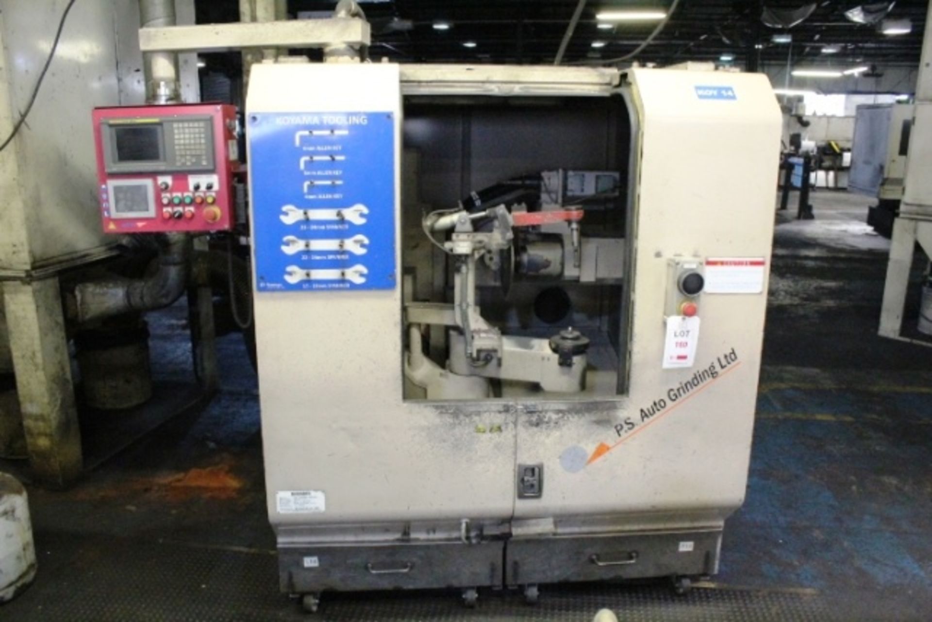 Koyama Barinder 400 automatic twin head grinding machine with rotary arm, model X6-FDH22R-443GRS,