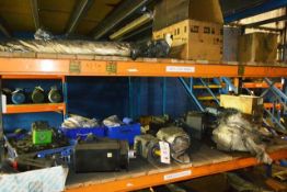 Contents of two shelves of racking (excludes racking) to incl. various electric motors, filters,