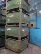 Four metal forkliftable stacking storage bins, approx. size 48"x48"x34", excluding contents