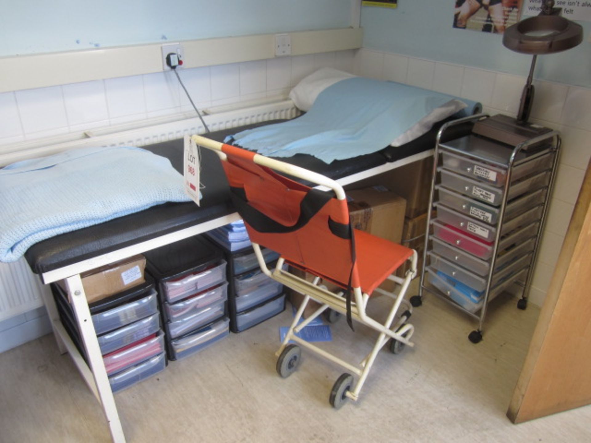 Ferno collapsible patient chair, First Aid bed, multi drawer mobile storage unit, magnifier