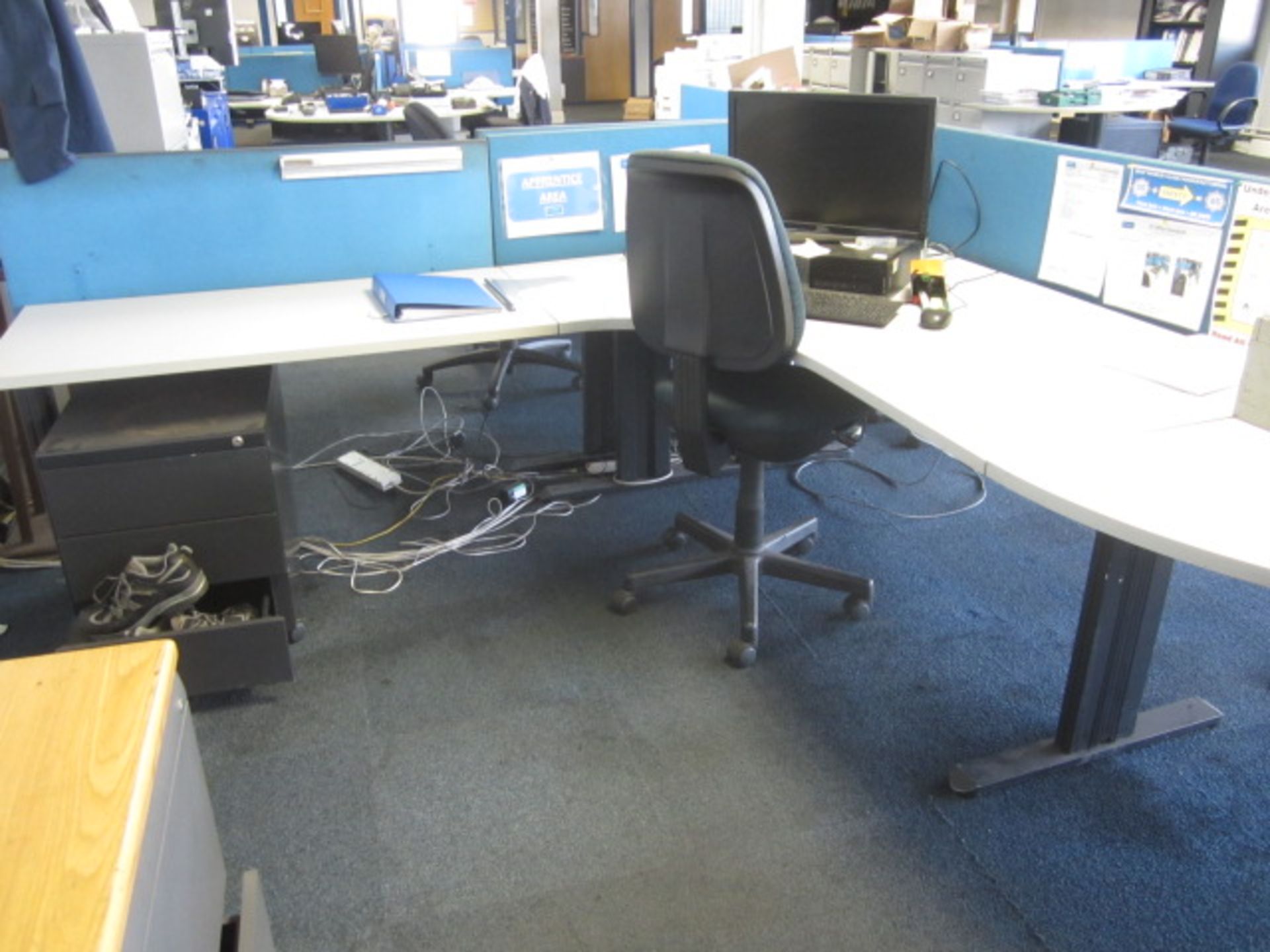 Two grey melamine corner workstations, one table, one semi circle end section, under desk - Image 2 of 3