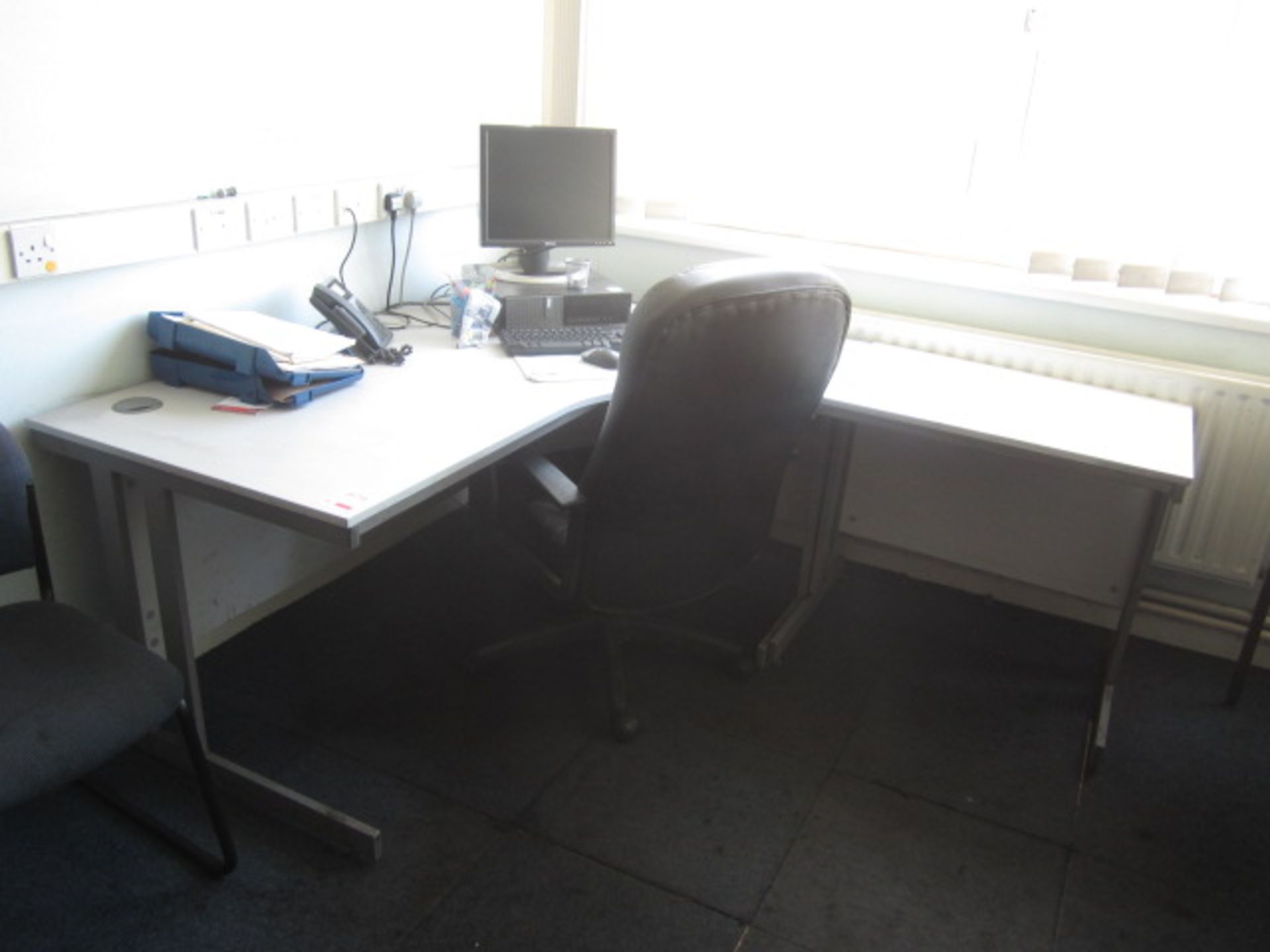 Grey melamine corner workstation with extension, 3 drawer pedestal unit, leatherette swivel chair,